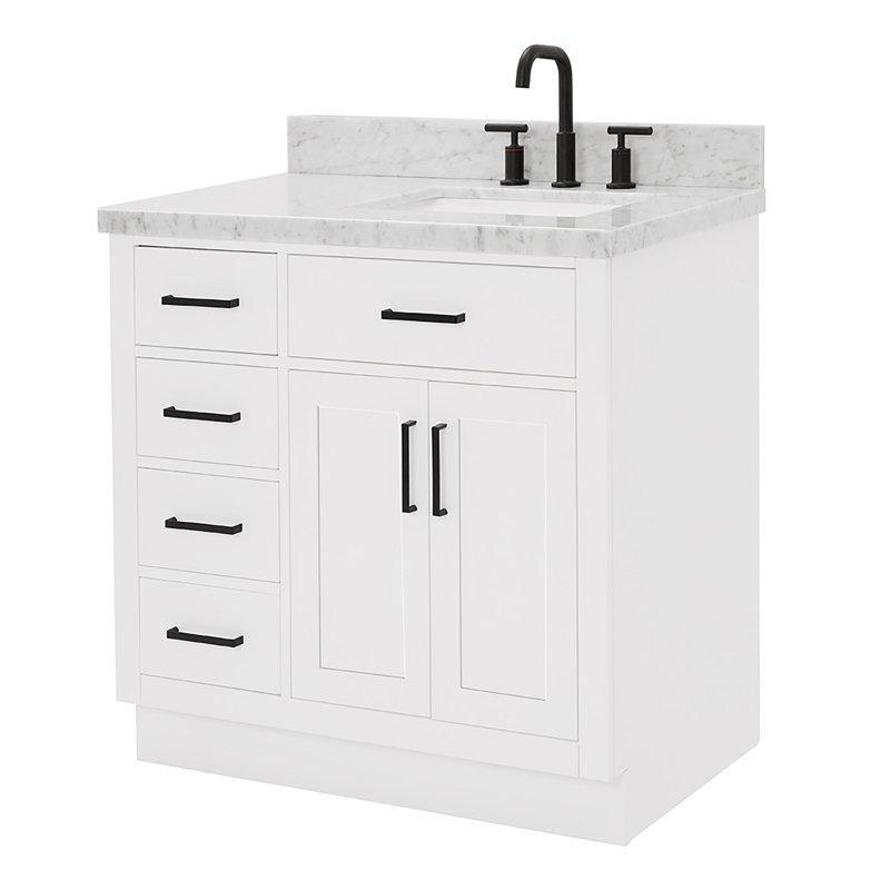 Beyaz Masif Ahşap Carrara Mermer Tezgahlı Çekmeceli Banyo Lavabo Dolabı - 94 cm - 198336
