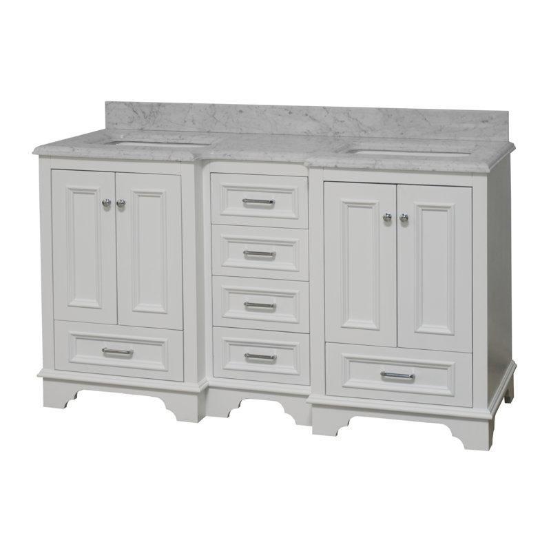 Beyaz Masif Ahşap Carrara Mermer Tezgahlı İkili Yavaş Kapanır Banyo Lavabo Dolabı - 153 cm - 199175