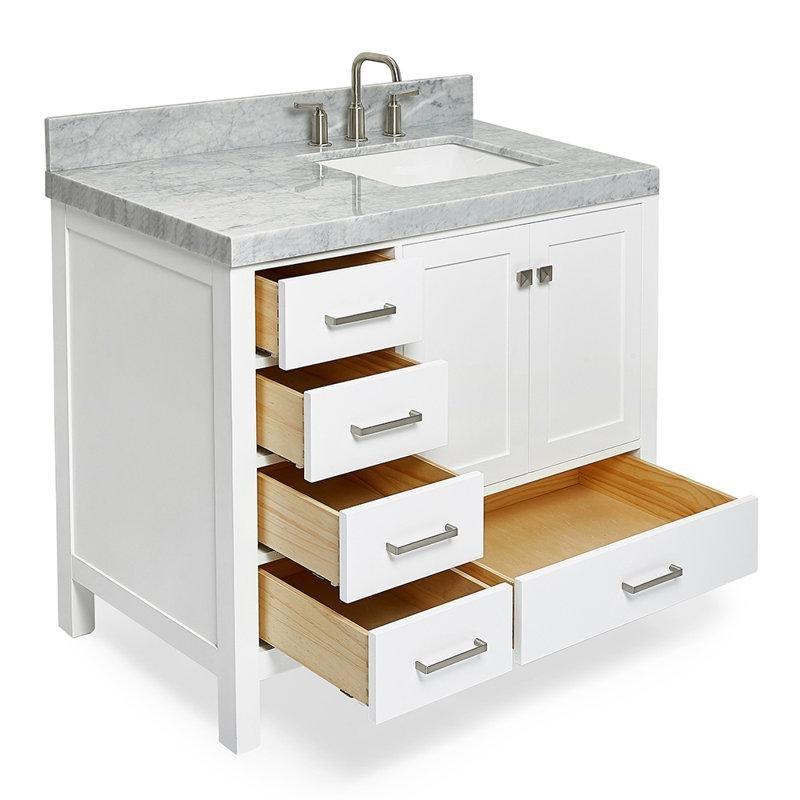 Beyaz Masif Ahşap Carrara Mermer Tezgahlı Yavaş Kapanır Çekmeceli Banyo Lavabo Dolabı - 107 cm - 199745