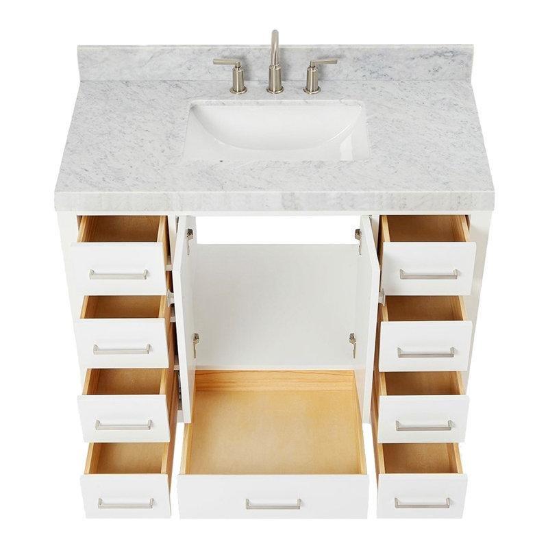 Beyaz Masif Ahşap Carrara Mermer Tezgahlı Yavaş Kapanır Çekmeceli Banyo Lavabo Dolabı - 107 cm - 199808