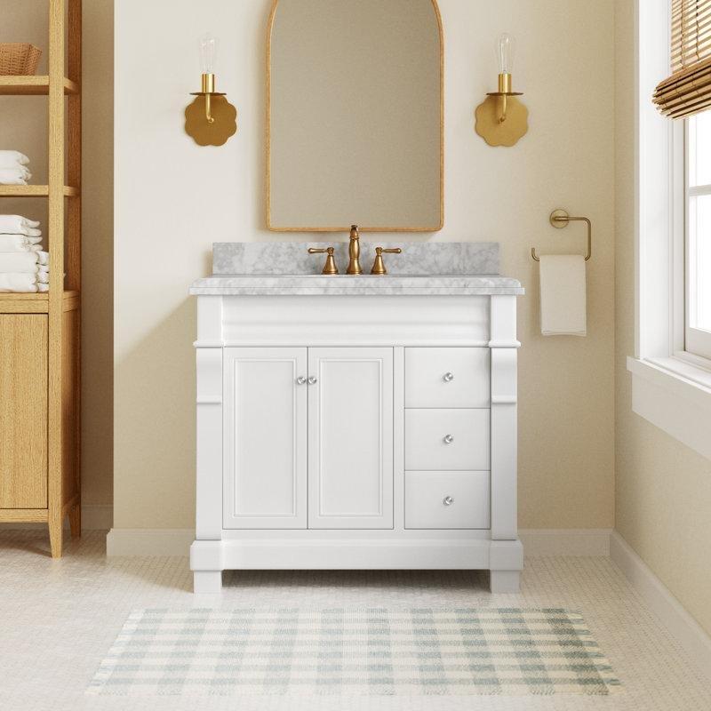 Beyaz Masif Ahşap Carrara Mermer Tezgahlı Yavaş Kapanır Çekmeceli Banyo Lavabo Dolabı - 92 cm - 201675