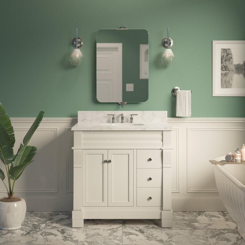Beyaz Masif Ahşap Carrara Mermer Tezgahlı Yavaş Kapanır Çekmeceli Banyo Lavabo Dolabı - 92 cm - 201675