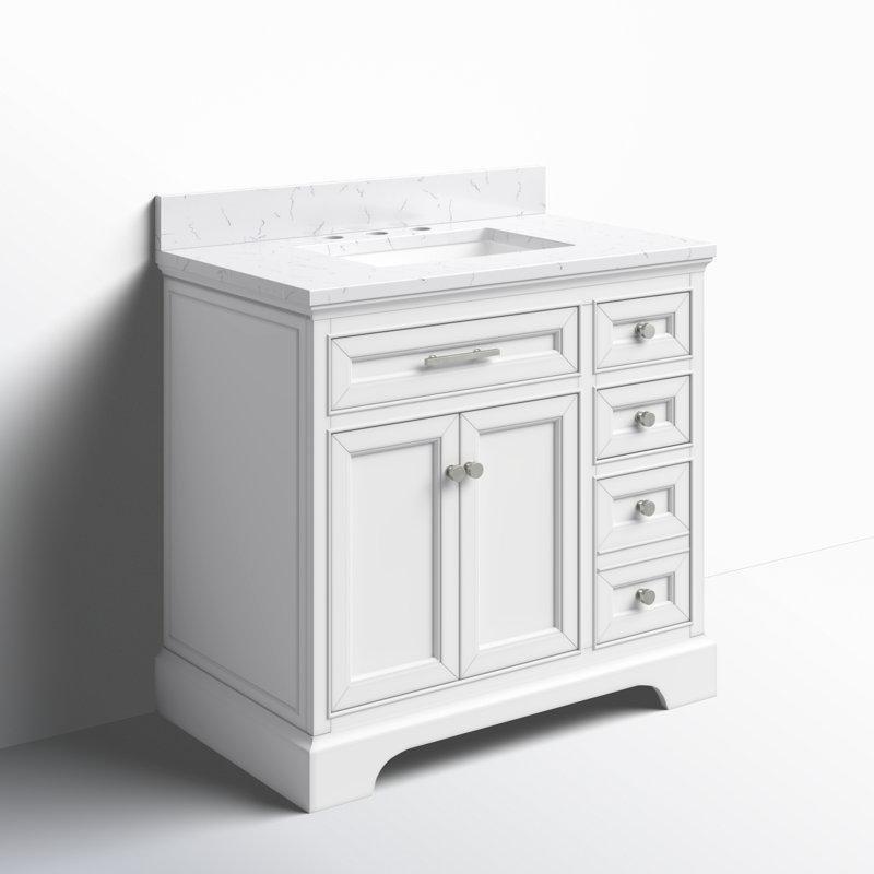 Beyaz Masif Ahşap Çekmeceli ve Taş Tezgahlı Banyo Lavabo Dolabı - 92 cm - 202223