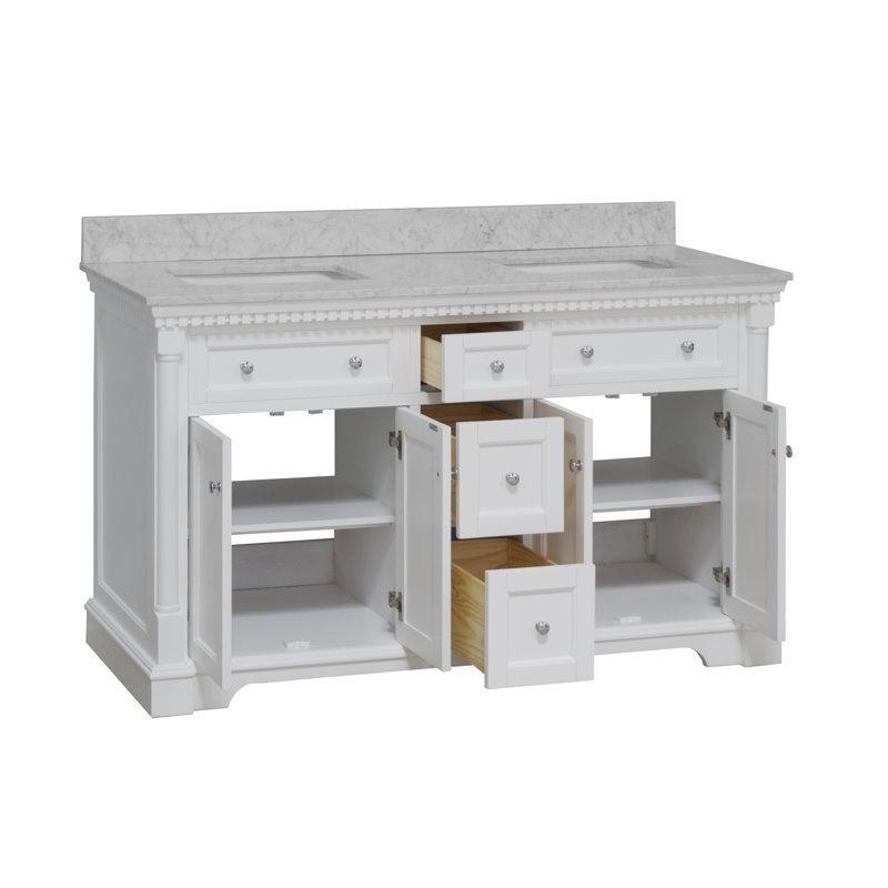 Beyaz Masif Ahşap Çift Lavabolu Carrara Mermer Tezgahlı Banyo Lavabo Dolabı - 153 cm - 201378
