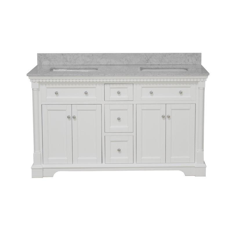 Beyaz Masif Ahşap Çift Lavabolu Carrara Mermer Tezgahlı Banyo Lavabo Dolabı - 153 cm - 201378