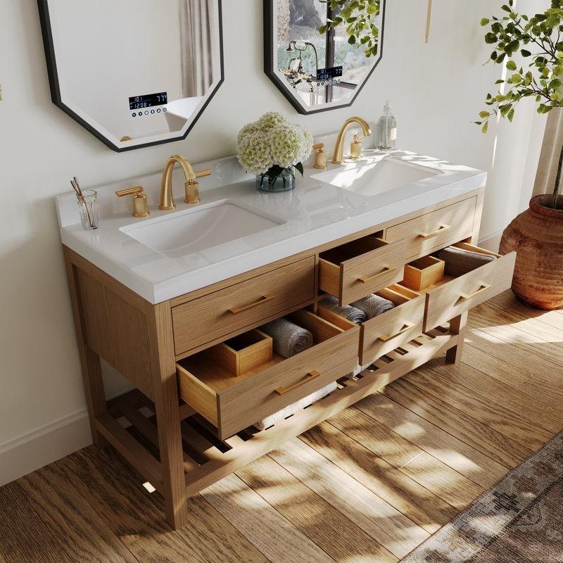Beyaz Masif Ahşap Çift Lavabolu Çekmeceli Raflı Banyo Lavabo Dolabı - 153 cm - 201396