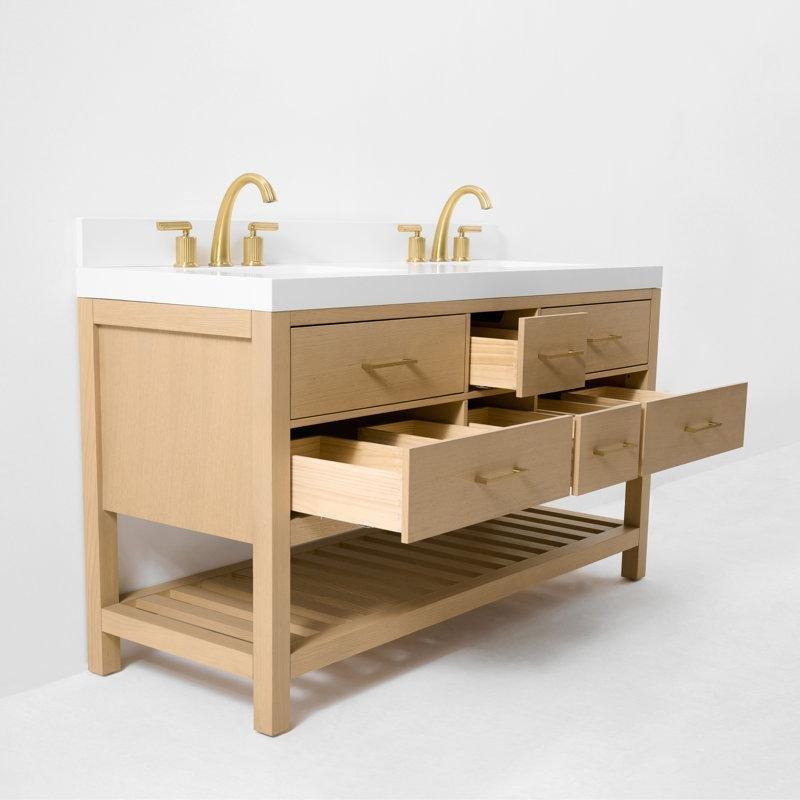 Beyaz Masif Ahşap Çift Lavabolu Çekmeceli Raflı Banyo Lavabo Dolabı - 153 cm - 201396