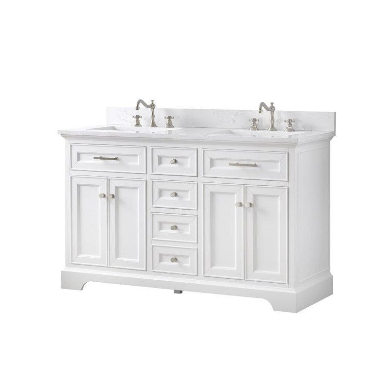 Beyaz Masif Ahşap Gövdeli Endüstriyel Taş Tezgahlı İkili Lavabolu Banyo Dolabı - 138 cm - 197938