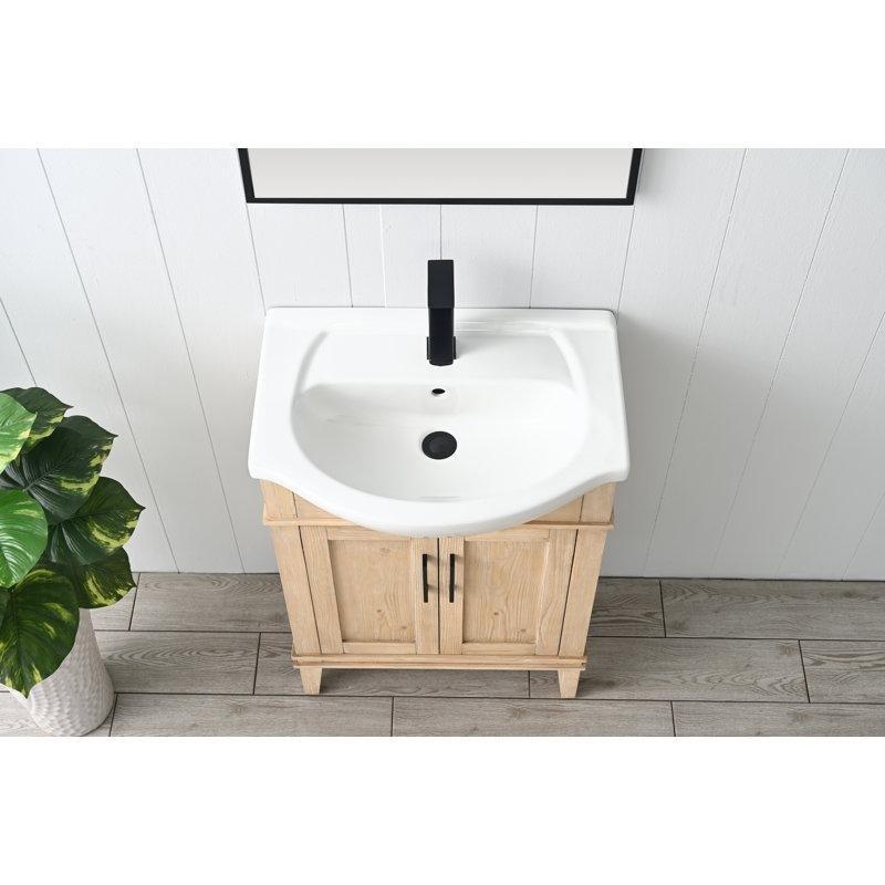 Beyaz Masif Ahşap Gövdeli Seramik Lavabolu Ayaklı Banyo Dolabı - 61 cm - 198540