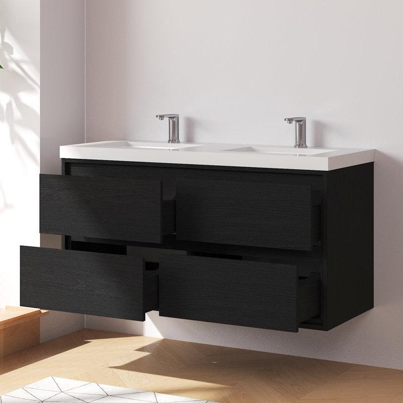 Beyaz Masif Ahşap Granit Tezgahlı Yavaş Kapanır Çekmeceli Duvara Monte İkili Banyo Lavabo Dolabı - 122 cm - 198918