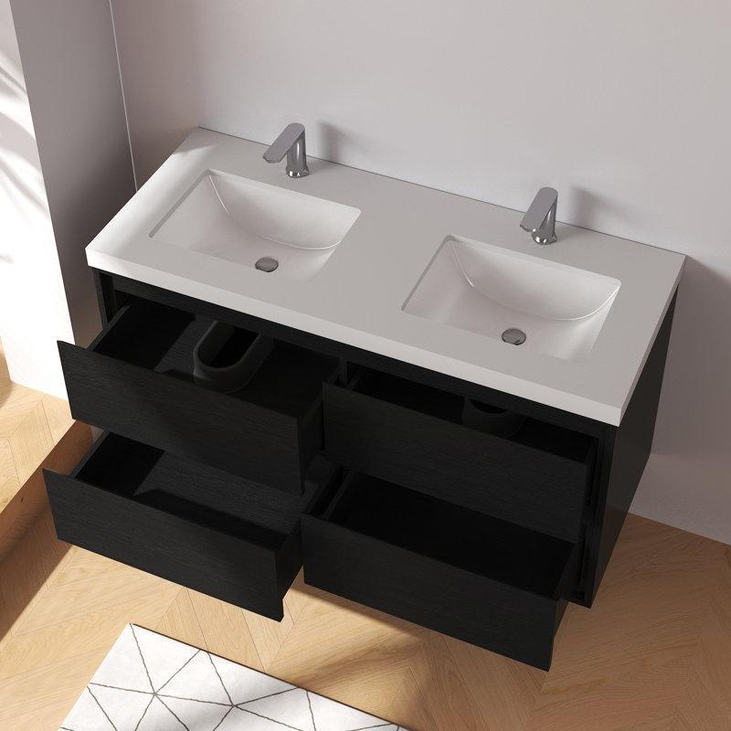 Beyaz Masif Ahşap Granit Tezgahlı Yavaş Kapanır Çekmeceli Duvara Monte İkili Banyo Lavabo Dolabı - 122 cm - 198918