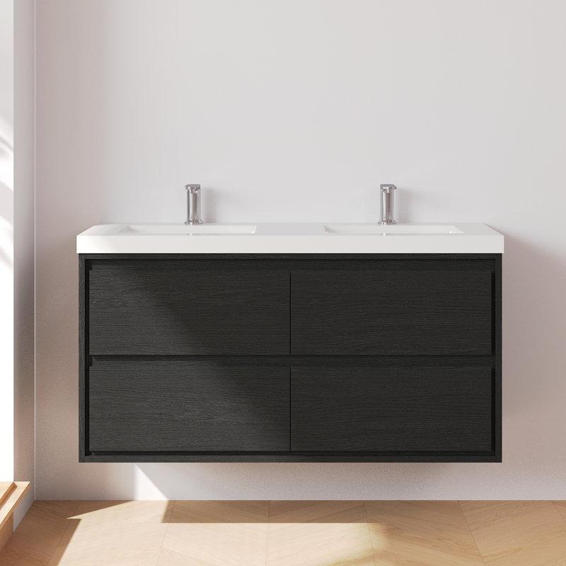 Beyaz Masif Ahşap Granit Tezgahlı Yavaş Kapanır Çekmeceli Duvara Monte İkili Banyo Lavabo Dolabı - 122 cm - 198918