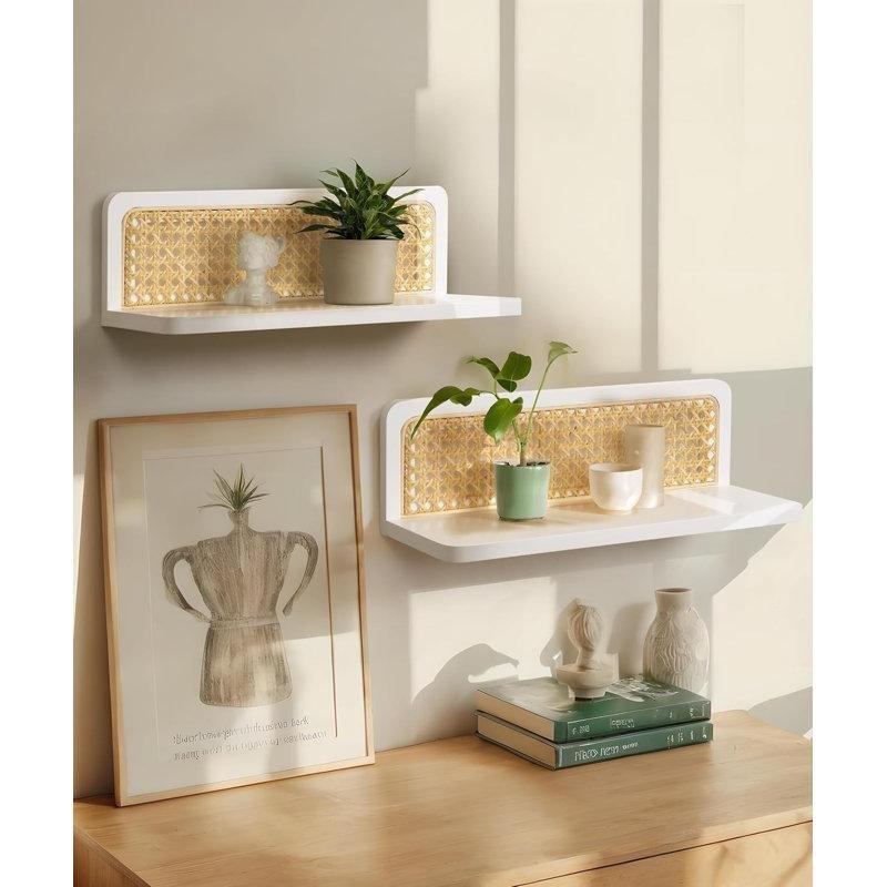 Beyaz Masif Ahşap Hasır Örgülü İkili Set Bohem Duvar Rafı - 40 cm - 180619