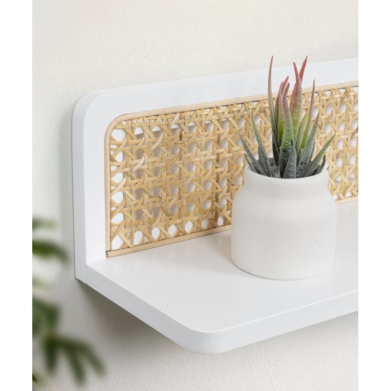 Beyaz Masif Ahşap Hasır Örgülü İkili Set Bohem Duvar Rafı - 40 cm - 180619