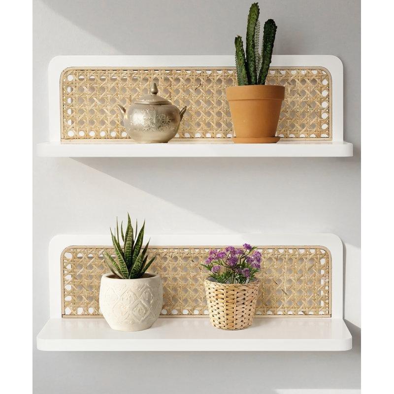 Beyaz Masif Ahşap Hasır Örgülü İkili Set Bohem Duvar Rafı - 40 cm - 180619