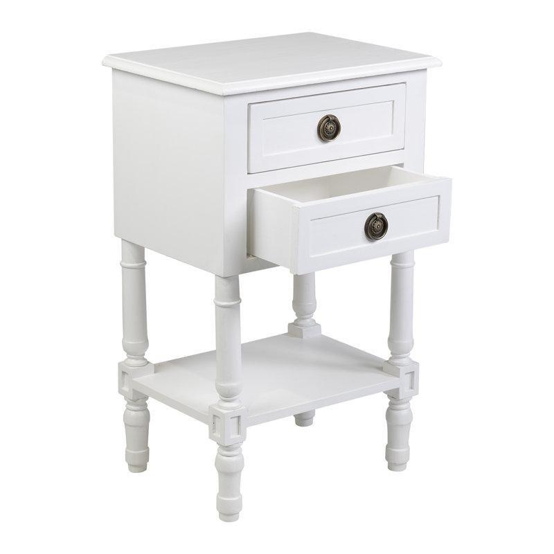 Beyaz Masif Ahşap İki Çekmeceli Raflı Komodin - 40 cm - 223269