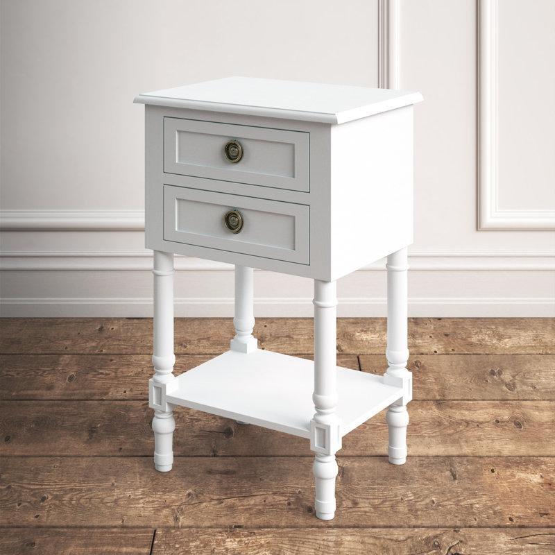 Beyaz Masif Ahşap İki Çekmeceli Raflı Komodin - 40 cm - 223269
