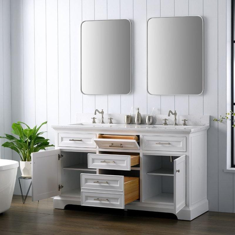 Beyaz Masif Ahşap İkili Lavabolu Taş Tezgahlı Banyo Lavabo Dolabı - 153 cm - 201797