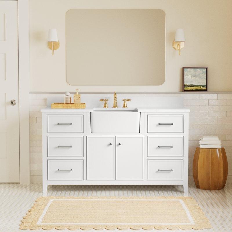 Beyaz Masif Ahşap Kır Evi Tarzı 6 Çekmeceli Banyo Lavabo Dolabı - 153 cm - 198988