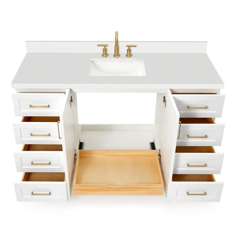 Beyaz Masif Ahşap Kuarz Tezgahlı Çekmeceli Banyo Lavabo Dolabı - 140 cm - 197838