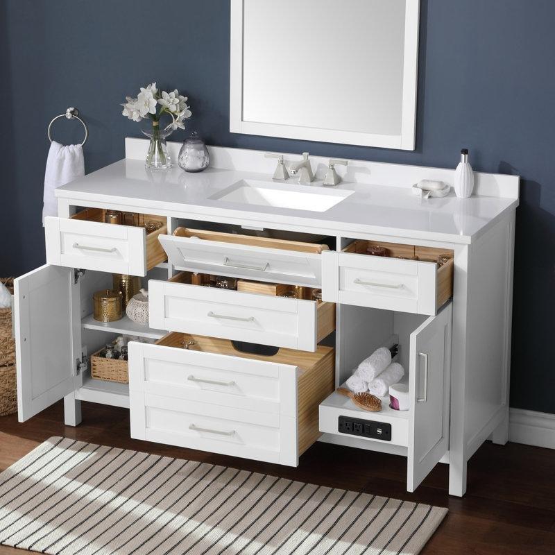 Beyaz Masif Ahşap Kültür Mermeri Tezgahlı Prizli Banyo Lavabo Dolabı - 153 cm - 200922