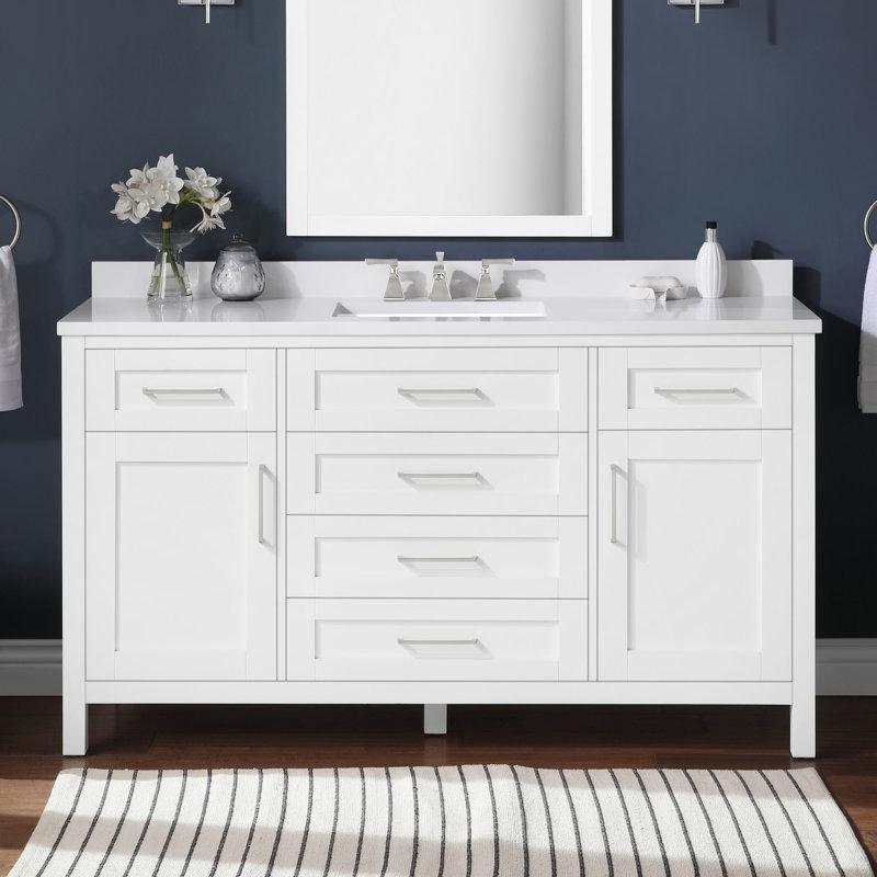 Beyaz Masif Ahşap Kültür Mermeri Tezgahlı Prizli Banyo Lavabo Dolabı - 153 cm - 200922