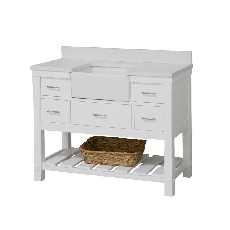 Beyaz Masif Ahşap Kuvars Tezgahlı 5 Çekmeceli Yavaş Kapanır Banyo Lavabo Dolabı - 122 cm - 201588