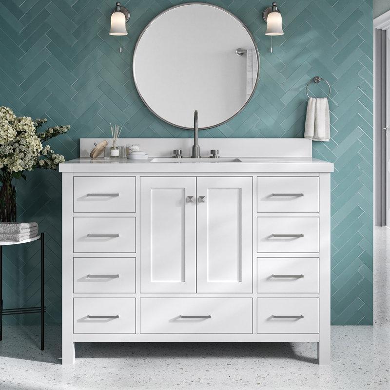 Beyaz Masif Ahşap Kuvars Tezgahlı 9 Çekmeceli Yavaş Kapanır Banyo Lavabo Dolabı - 125 cm - 200079