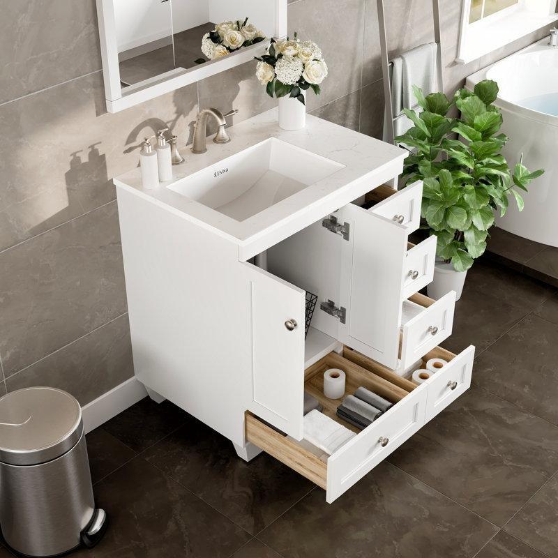 Beyaz Masif Ahşap Kuvars Tezgahlı Ayaklı 5 Çekmeceli Banyo Lavabo Dolabı - 72 cm - 199504