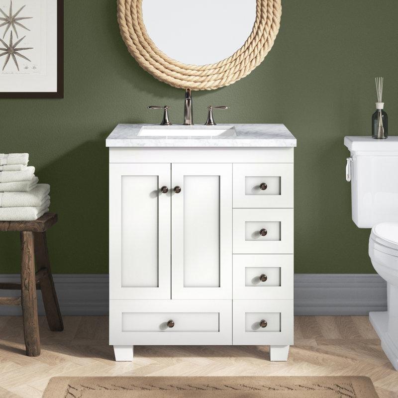 Beyaz Masif Ahşap Kuvars Tezgahlı Ayaklı 5 Çekmeceli Banyo Lavabo Dolabı - 72 cm - 199504