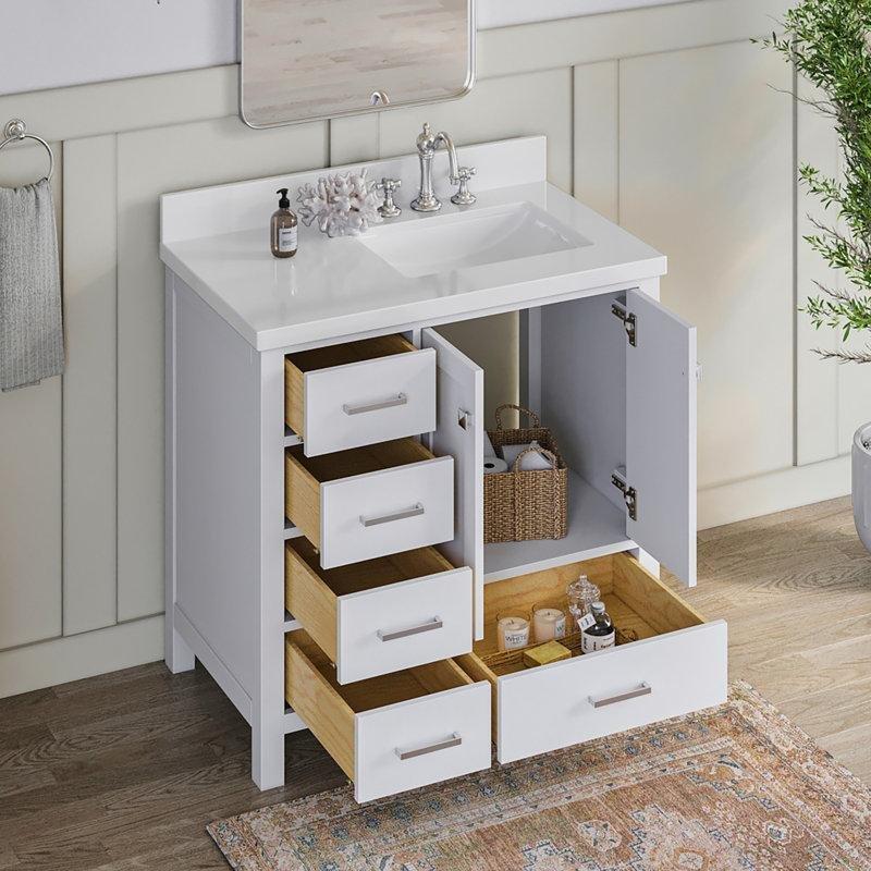 Beyaz Masif Ahşap Kuvars Tezgahlı Ayaklı Banyo Lavabo Dolabı - 94 cm - 199153