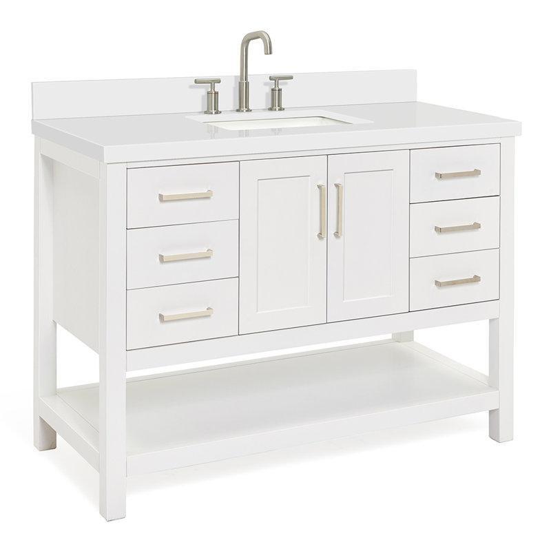 Beyaz Masif Ahşap Kuvars Tezgahlı Çekmeceli Ayaklı Banyo Lavabo Dolabı - 125 cm - 197867
