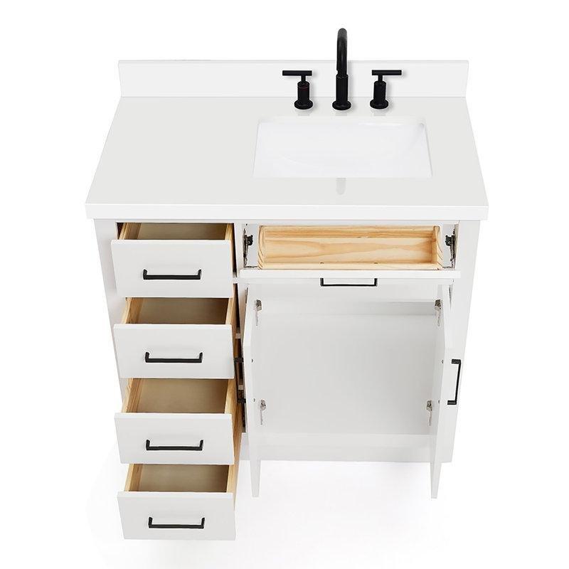 Beyaz Masif Ahşap Kuvars Tezgahlı Çekmeceli Banyo Lavabo Dolabı - 94 cm - 198007