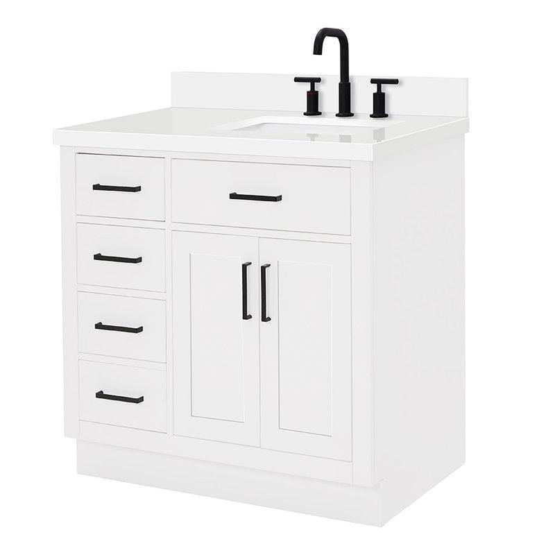 Beyaz Masif Ahşap Kuvars Tezgahlı Çekmeceli Banyo Lavabo Dolabı - 94 cm - 198007
