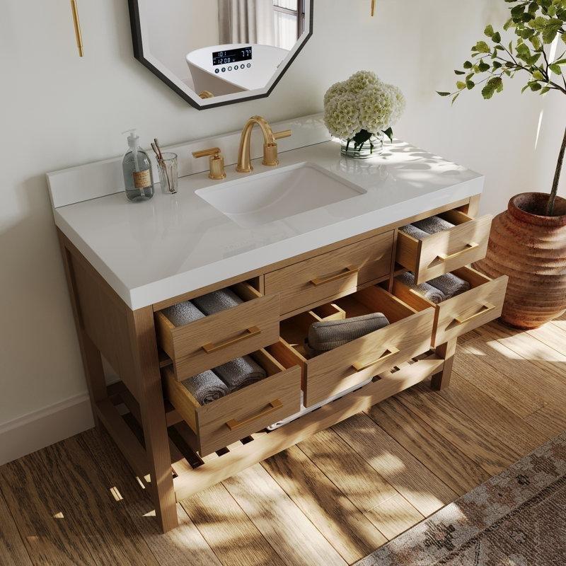 Beyaz Masif Ahşap Kuvars Tezgahlı Çekmeceli ve Raflı Banyo Lavabo Dolabı - 122 cm - 201735