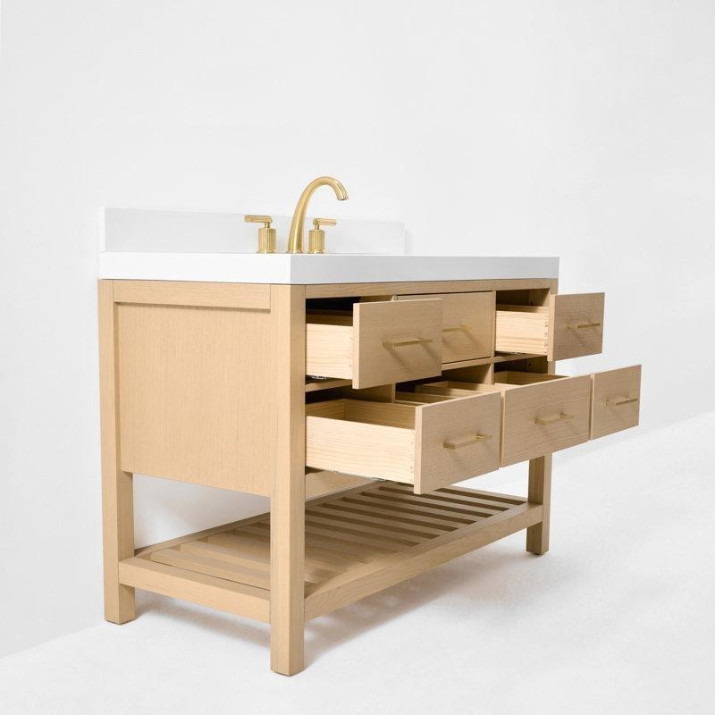 Beyaz Masif Ahşap Kuvars Tezgahlı Çekmeceli ve Raflı Banyo Lavabo Dolabı - 122 cm - 201735