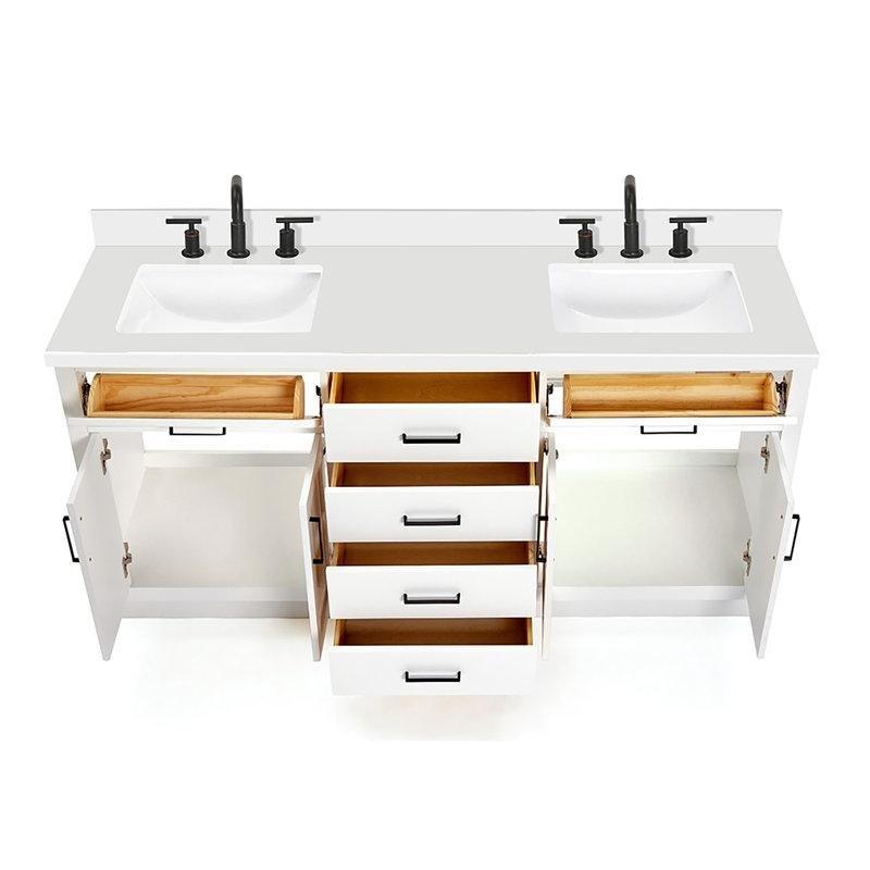 Beyaz Masif Ahşap Kuvars Tezgahlı Çift Lavabolu Ayaklı Banyo Lavabo Dolabı - 186 cm - 197680