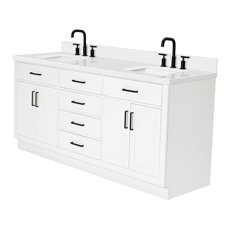 Beyaz Masif Ahşap Kuvars Tezgahlı Çift Lavabolu Ayaklı Banyo Lavabo Dolabı - 186 cm - 197680
