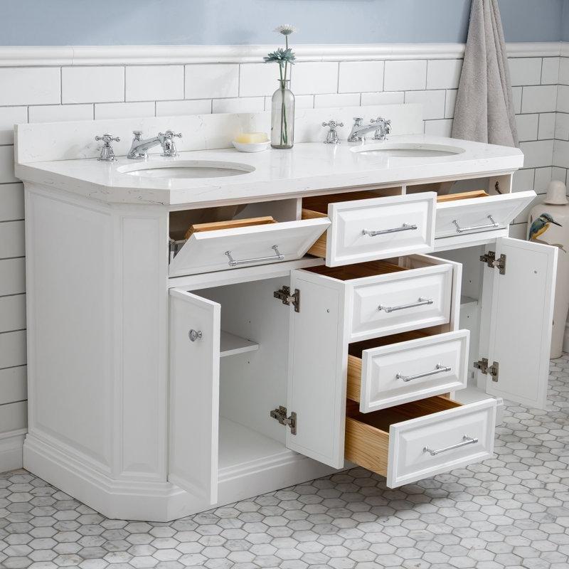 Beyaz Masif Ahşap Kuvars Tezgahlı Çift Lavabolu Banyo Dolabı - 153 cm - 201860