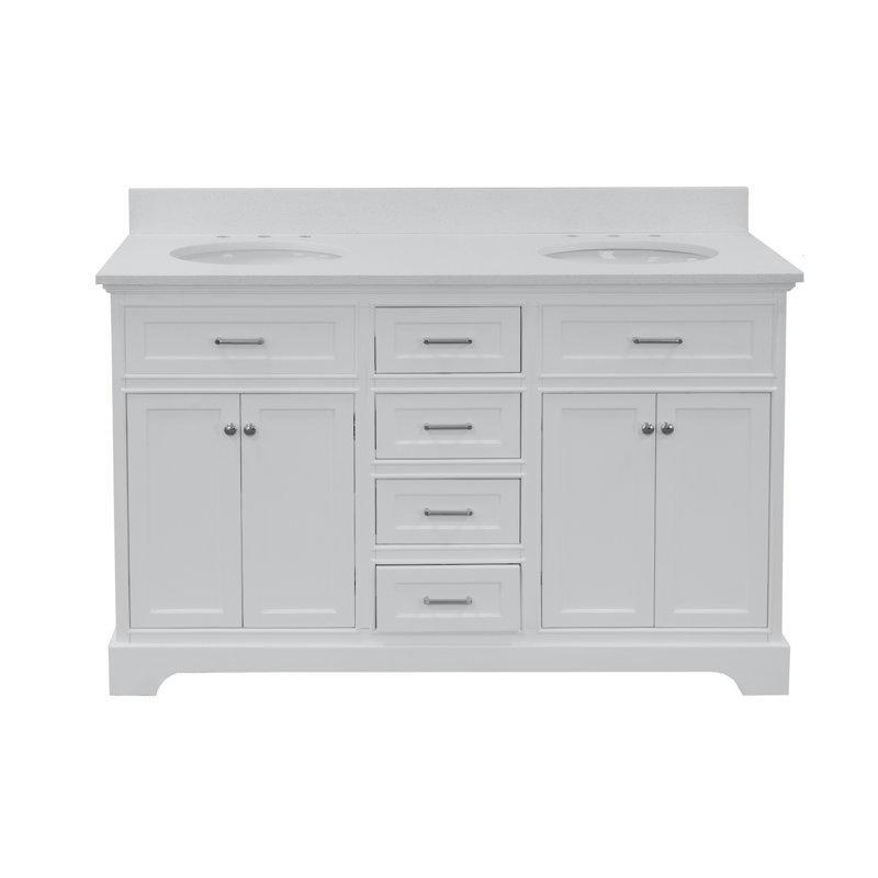 Beyaz Masif Ahşap Kuvars Tezgahlı İkili Lavabolu Ayaklı Banyo Dolabı - 153 cm - 199909