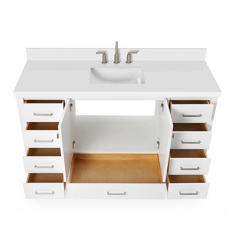 Beyaz Masif Ahşap Kuvars Tezgahlı Yavaş Kapanır 9 Çekmeceli Banyo Lavabo Dolabı - 155 cm - 199083