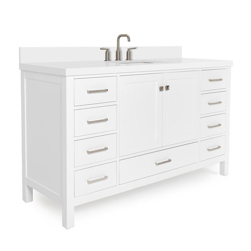 Beyaz Masif Ahşap Kuvars Tezgahlı Yavaş Kapanır 9 Çekmeceli Banyo Lavabo Dolabı - 155 cm - 199083