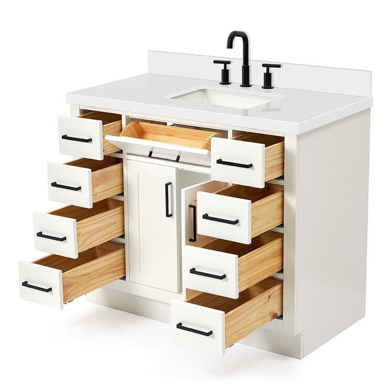 Beyaz Masif Ahşap Kuvars Tezgahlı Yavaş Kapanır Banyo Lavabo Dolabı - 109 cm - 197960