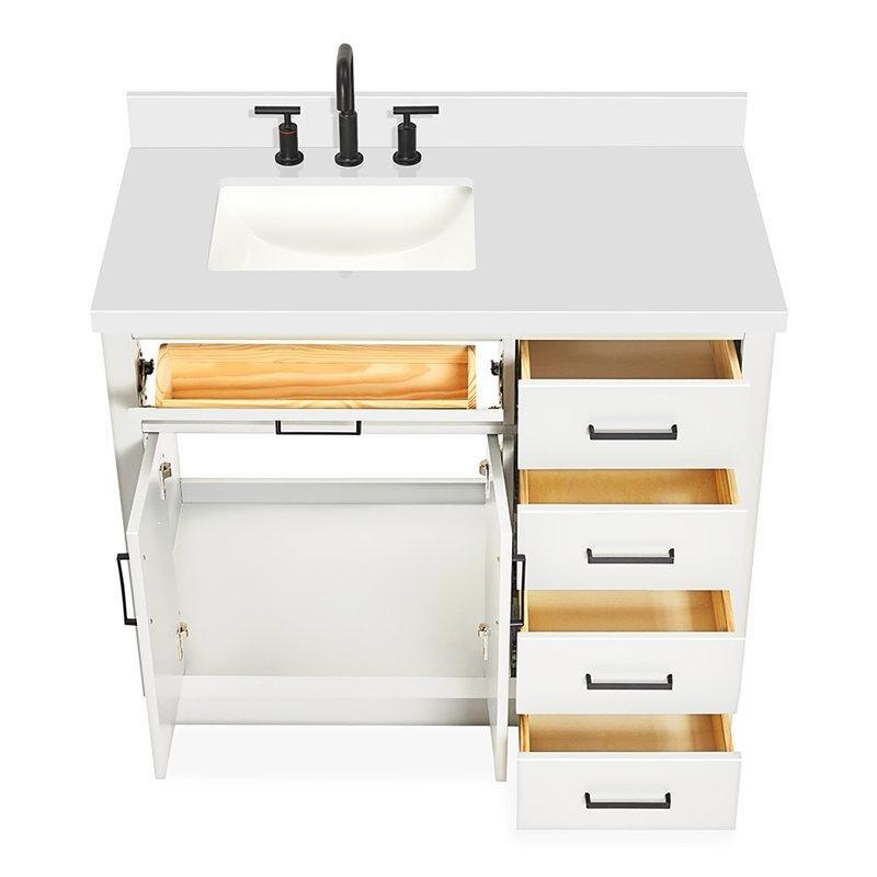 Beyaz Masif Ahşap Kuvars Tezgahlı Yavaş Kapanır Banyo Lavabo Dolabı - 110 cm - 197730