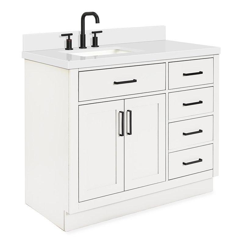 Beyaz Masif Ahşap Kuvars Tezgahlı Yavaş Kapanır Banyo Lavabo Dolabı - 110 cm - 197730
