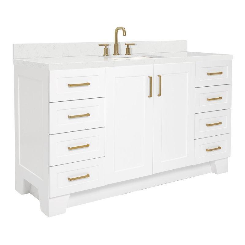 Beyaz Masif Ahşap Kuvars Tezgahlı Yavaş Kapanır Banyo Lavabo Dolabı - 154 cm - 198718