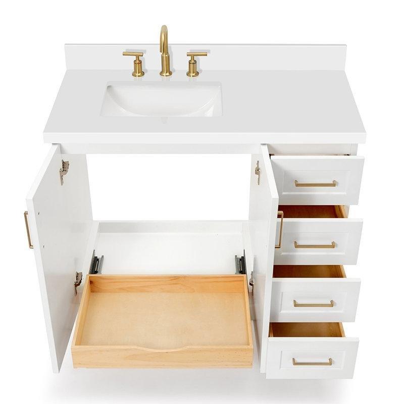 Beyaz Masif Ahşap Kuvars Tezgahlı Yavaş Kapanır Çekmeceli Banyo Lavabo Dolabı - 109 cm - 197953