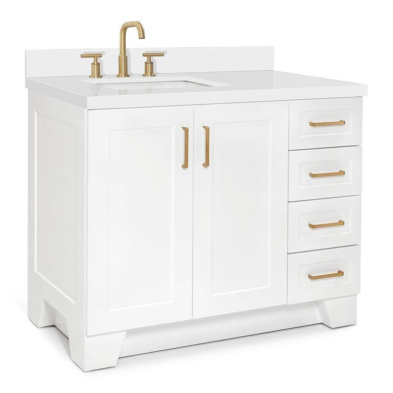 Beyaz Masif Ahşap Kuvars Tezgahlı Yavaş Kapanır Çekmeceli Banyo Lavabo Dolabı - 109 cm - 197953
