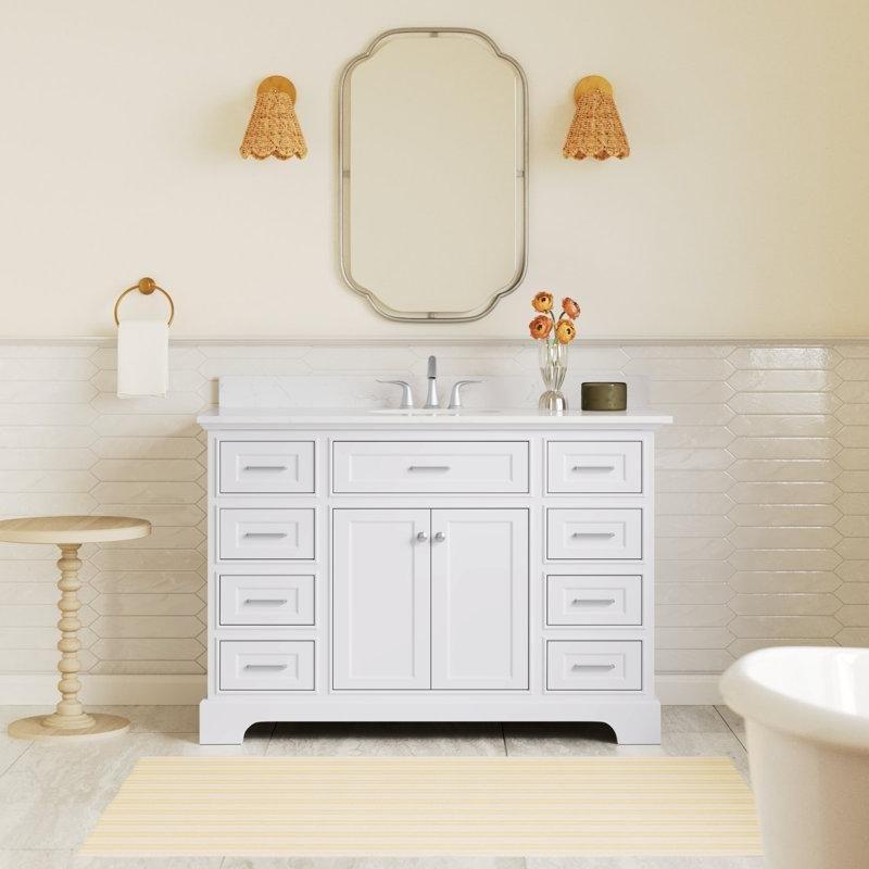 Beyaz Masif Ahşap Kuvars Tezgahlı Yavaş Kapanır Çekmeceli Banyo Lavabo Dolabı - 122 cm - 201137