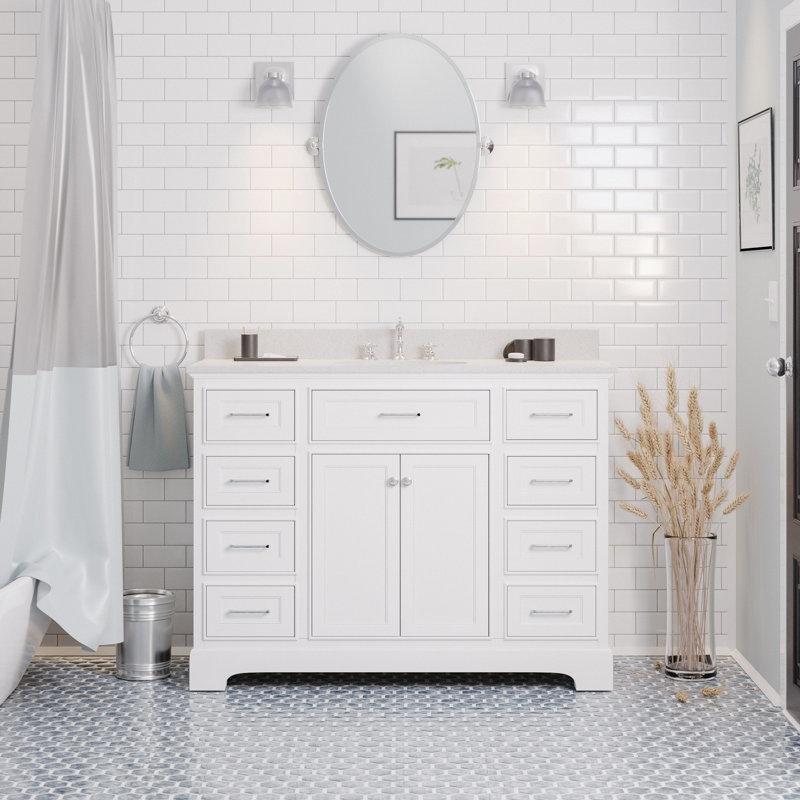 Beyaz Masif Ahşap Kuvars Tezgahlı Yavaş Kapanır Çekmeceli Banyo Lavabo Dolabı - 122 cm - 201137